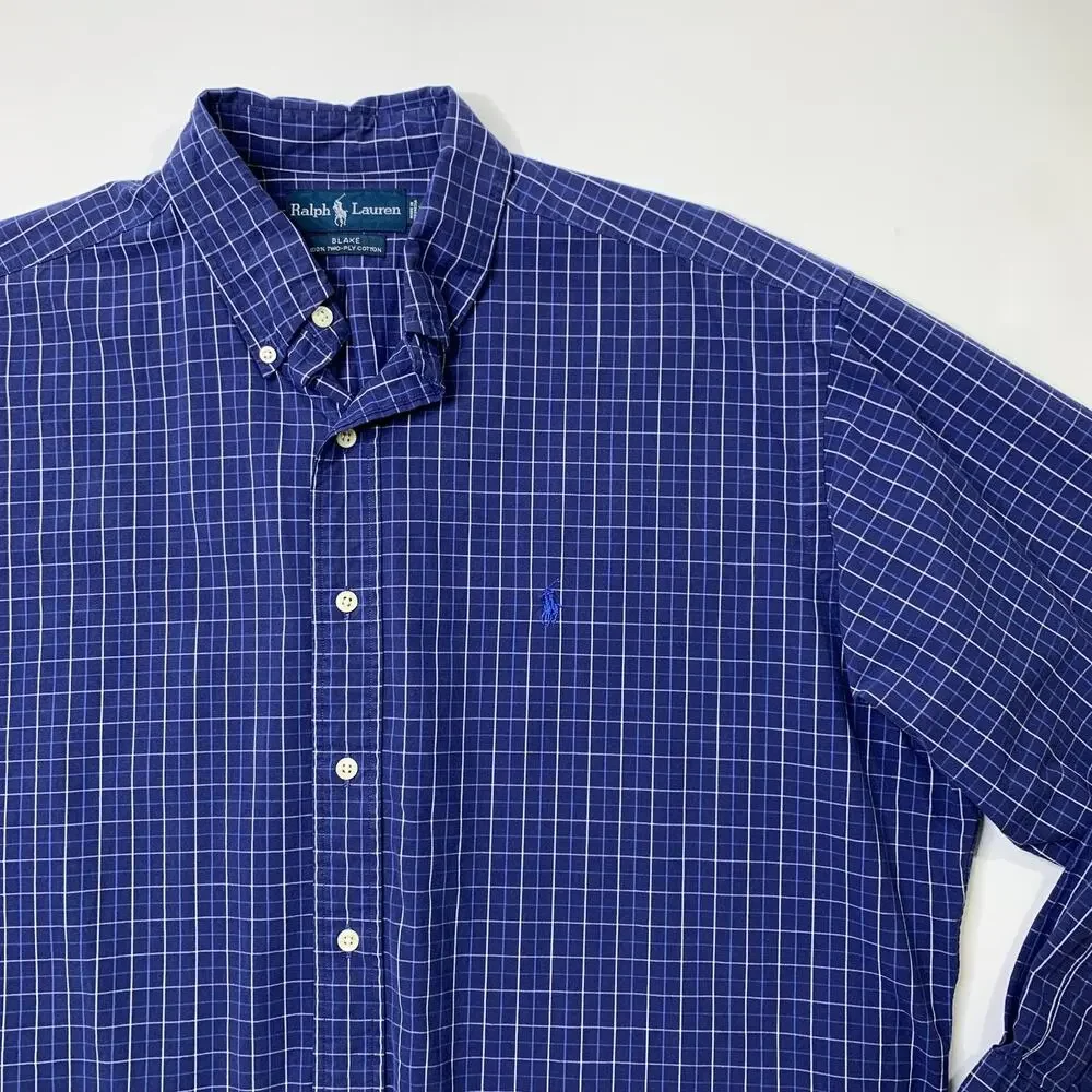 Vintage Ralph Lauren Shirt Men Large Blake Two-Ply Cotton Windowpane Button Down